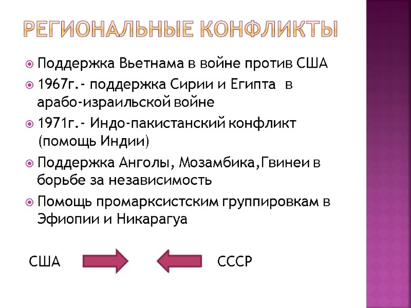 Региональные конфликты Поддержка Вьетнама в войне против США 1967г.- поддержка Сирии и Египта Региональные конфликты Поддержка Вьетнама в войне против США 1967г.- поддержка Сирии и Египта